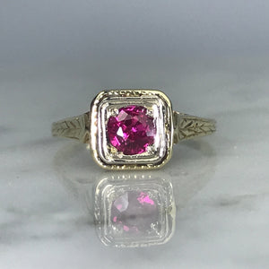 Antique Ruby Ring in 14K Yellow Gold Art Deco Filigree Setting. July Birthstone. 15th Anniversary. - Scotch Street Vintage