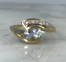 Load image into Gallery viewer, Aquamarine Diamond Ring. Modernist 10k Yellow Gold Setting. March Birthstone. 19th Anniversary Gift. - Scotch Street Vintage