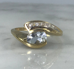 Aquamarine Diamond Ring. Modernist 10k Yellow Gold Setting. March Birthstone. 19th Anniversary Gift. - Scotch Street Vintage