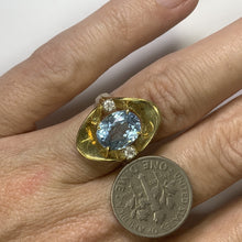 Load image into Gallery viewer, Aquamarine Diamond Statement Ring in a 14k Yellow Gold Modernist Setting. March Birthstone. - Scotch Street Vintage