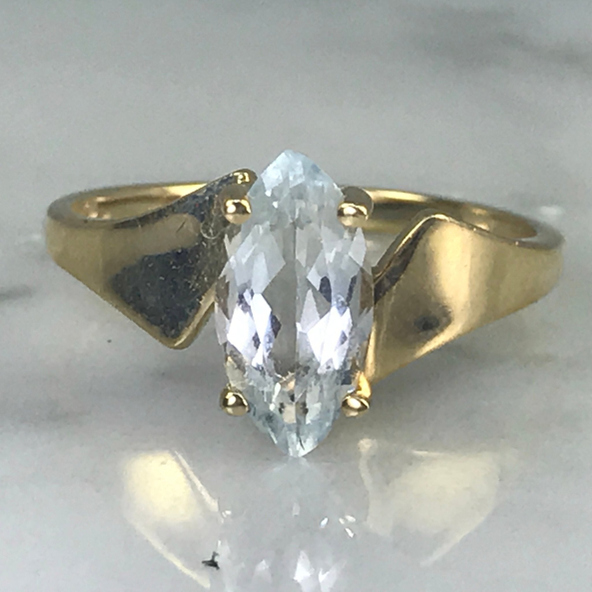 Aquamarine Ring. Modernist 10k Yellow Gold Setting. March Birthstone.