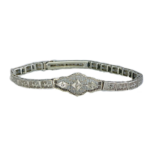 Art Deco Diamond Bracelet. 10K White Gold Filigree Link Bracelet. April Birthstone. - Scotch Street Vintage