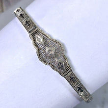 Load image into Gallery viewer, Art Deco Diamond Bracelet. 10K White Gold Filigree Link Bracelet. April Birthstone. - Scotch Street Vintage