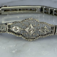 Load image into Gallery viewer, Art Deco Diamond Bracelet. 10K White Gold Filigree Link Bracelet. April Birthstone. - Scotch Street Vintage