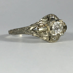 Art Deco Diamond Engagement Ring. 18K White Gold. April Birthstone. 10 Year Anniversary Gift. - Scotch Street Vintage