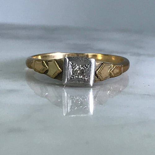 Art Deco Diamond Promise Ring. 18K Gold and Platinum Setting. April Birthstone. 10 Year Anniversary. - Scotch Street Vintage
