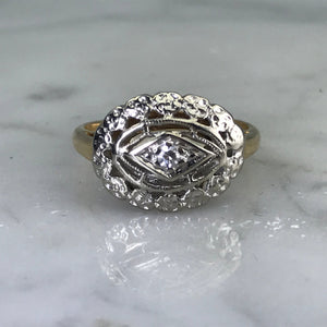 Art Deco Diamond Shield Ring. 14K Gold Filigree Setting. April Birthstone. 10 Year Anniversary. - Scotch Street Vintage