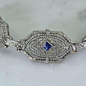 Art Deco Sapphire Diamond Bracelet in a 14k Gold Filigree Setting. Estate Jewelry. 1920s. - Scotch Street Vintage
