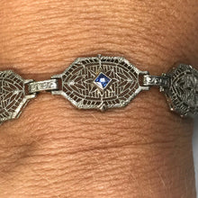 Load image into Gallery viewer, Art Deco Sapphire Diamond Bracelet in a 14k Gold Filigree Setting. Estate Jewelry. 1920s. - Scotch Street Vintage