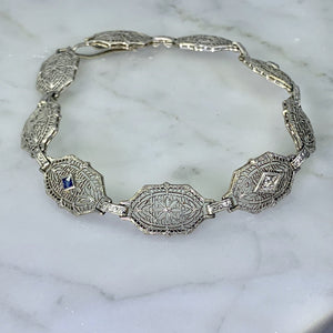 Art Deco Sapphire Diamond Bracelet in a 14k Gold Filigree Setting. Estate Jewelry. 1920s. - Scotch Street Vintage