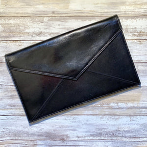 Black Leather Clutch by John Romain. Large Envelope Style Handbag. Circa 1970. Gift for Her. - Scotch Street Vintage