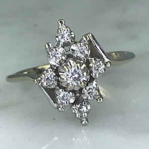 Diamond Cluster Ring . 14K White Gold. Unique Engagement. April Birthstone. 10 Year Anniversary. - Scotch Street Vintage