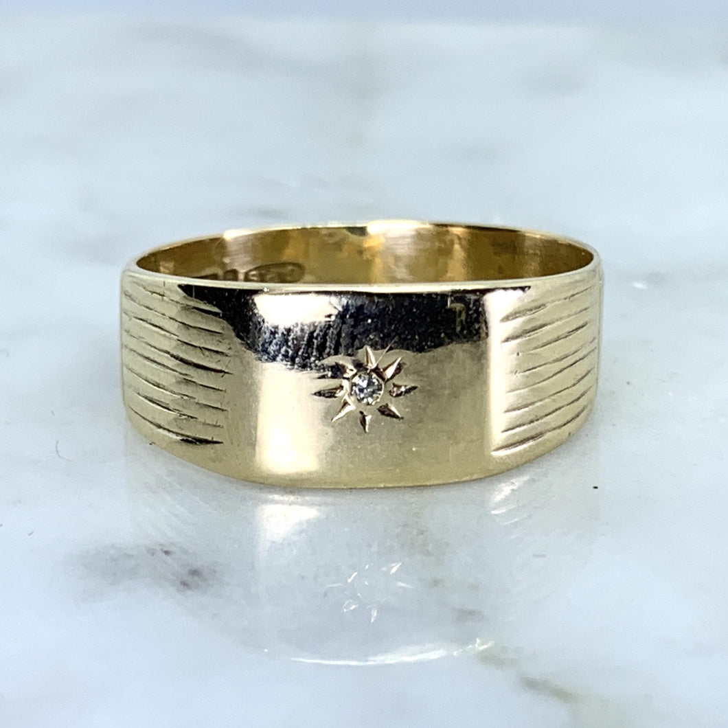 Diamond Gold Wedding Band or Thumb Ring in 9k Yellow Gold. Estate Jewelry. Circa 1969. Size 5. - Scotch Street Vintage