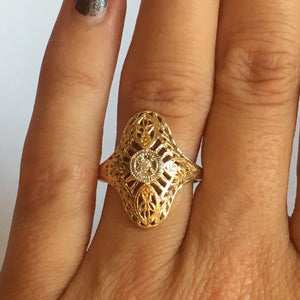 Diamond Shield Ring. 10K Gold. Art Nouveau Filigree. April Birthstone. 10 Year Anniversary. - Scotch Street Vintage