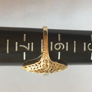 Diamond Shield Ring. 10K Gold. Art Nouveau Filigree. April Birthstone. 10 Year Anniversary. - Scotch Street Vintage