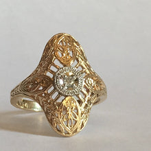 Load image into Gallery viewer, Diamond Shield Ring. 10K Gold. Art Nouveau Filigree. April Birthstone. 10 Year Anniversary. - Scotch Street Vintage