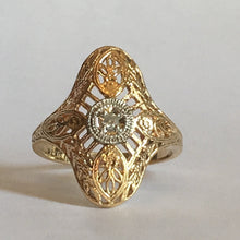 Load image into Gallery viewer, Diamond Shield Ring. 10K Gold. Art Nouveau Filigree. April Birthstone. 10 Year Anniversary. - Scotch Street Vintage