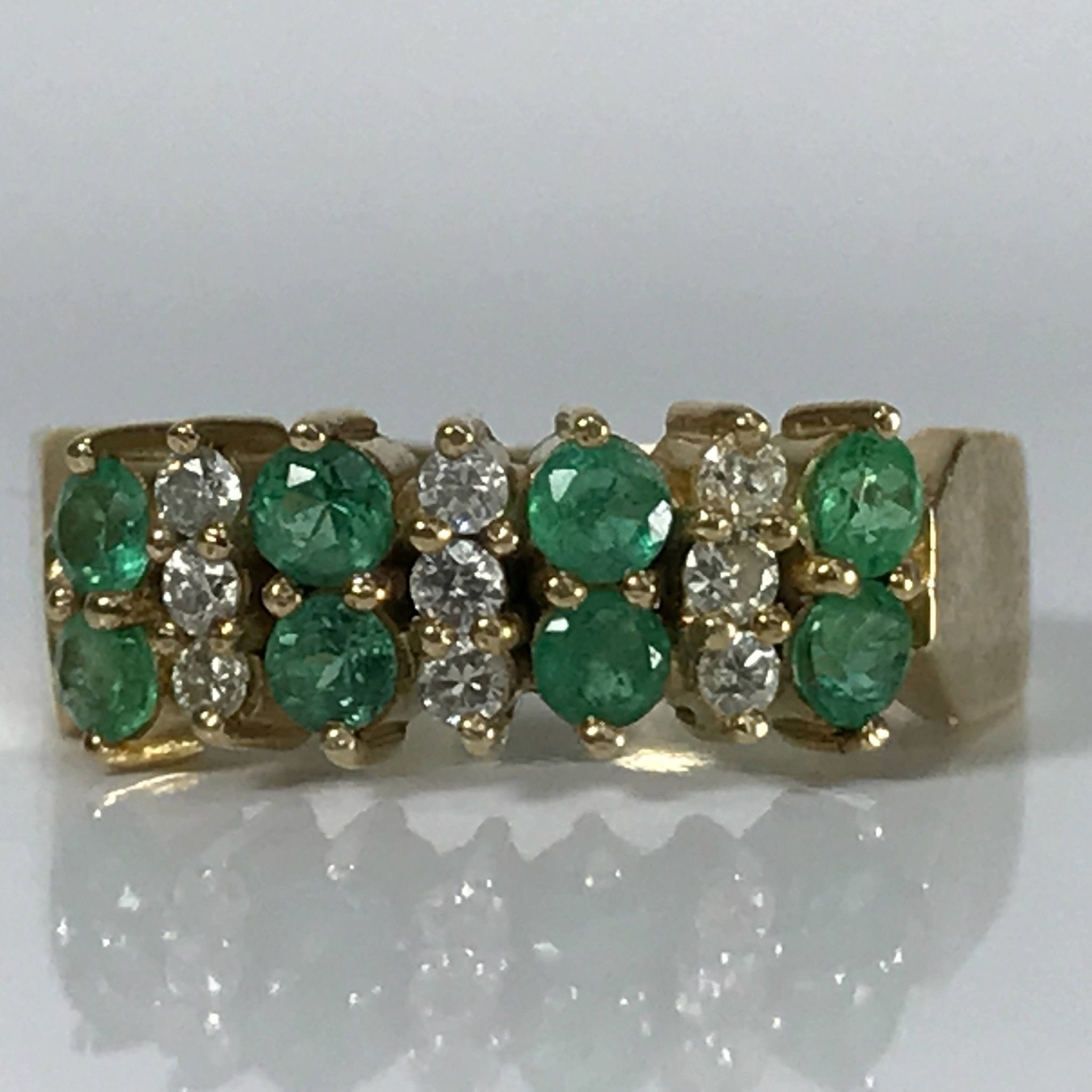 Emerald Diamond Cluster Ring. 14K Yellow Gold. May Birthstone. 20th An