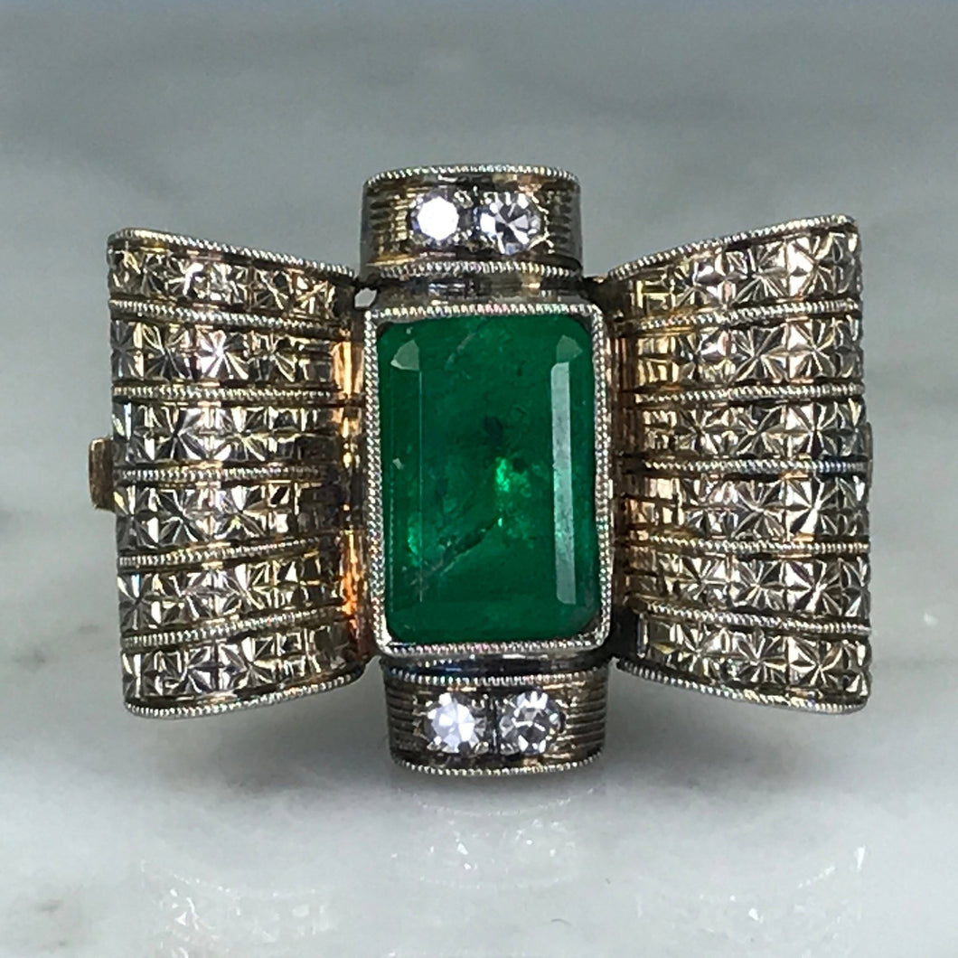 Emerald Diamond Ring. 18K Gold. Bow Tie Design. May Birthstone. 20th Anniversary Gift. - Scotch Street Vintage