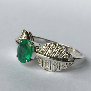 Emerald Diamond Ring. Art Nouveau. 18K White Gold. May Birthstone. 20th Anniversary. APPRAISED - Scotch Street Vintage