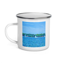 Load image into Gallery viewer, Enamel Mug with Scenic Lake Life Art from Clear Lake Indiana. Perfect Travel or Camping Coffee Cup. - Scotch Street Vintage