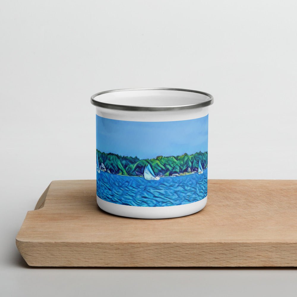 Enamel Mug with Scenic Lake Life Art from Clear Lake Indiana. Perfect Travel or Camping Coffee Cup. - Scotch Street Vintage