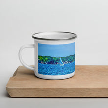 Load image into Gallery viewer, Enamel Mug with Scenic Lake Life Art from Clear Lake Indiana. Perfect Travel or Camping Coffee Cup. - Scotch Street Vintage