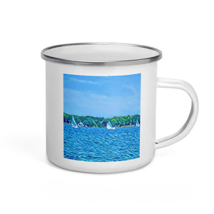 Enamel Mug with Scenic Lake Life Art from Clear Lake Indiana. Perfect Travel or Camping Coffee Cup. - Scotch Street Vintage