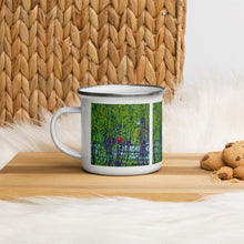 Load image into Gallery viewer, Enamel Mug with Spring Trees and Cardinal Design. Coffee Cup with Bright Red Bird. - Scotch Street Vintage