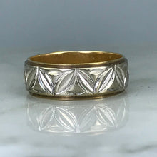 Load image into Gallery viewer, Etched Gold Wedding Band. 10K Yellow and White Gold. Size 6 US. Stacking Ring. Circa 1960. - Scotch Street Vintage