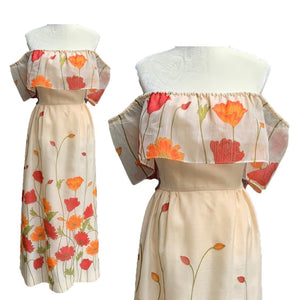 Floral Maxi Dress with Burnt Orange and Red Poppy Flowers by Alfred Shaheen. Summer Dress - Scotch Street Vintage