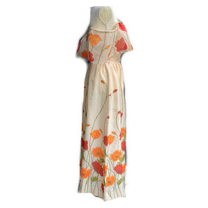 Floral Maxi Dress with Burnt Orange and Red Poppy Flowers by Alfred Shaheen. Summer Dress - Scotch Street Vintage