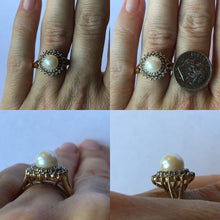 Load image into Gallery viewer, Vintage Pearl Engagement Ring. Diamond Halo. 10K Yellow Gold. June Birthstone. 4th Anniversary Gift.