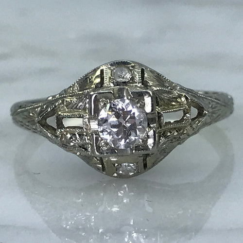 Art Deco Diamond Engagement Ring. 18K White Gold. April Birthstone. 10 Year Anniversary Gift.