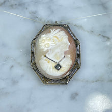 Load image into Gallery viewer, Victorian Cameo Pendant or Brooch with Large Carved Carnelian Shell Lady with Diamond Necklace.