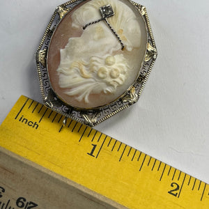 Victorian Cameo Pendant or Brooch with Large Carved Carnelian Shell Lady with Diamond Necklace.