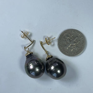Vintage Tahitian Black Pearl Drop Earrings in 14K Yellow Gold Setting. October Birthstone.