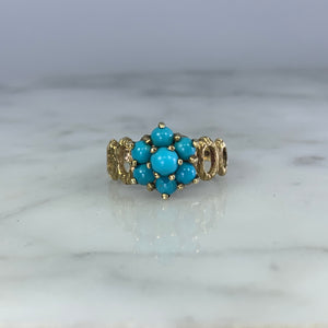 1970s Turquoise Flower Ring in Yellow Gold. Boho Chic Cluster Floral Setting. December Birthstone.