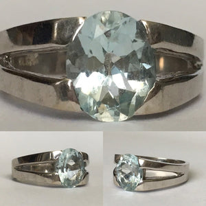 Modernist Aquamarine Engagement Ring. 10k White Gold. March Birthstone. 19th Anniversary. - Scotch Street Vintage