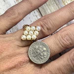 Pearl Cluster Ring in 14K Yellow Gold. Estate Jewelry. June Birthstone. Unique Engagement Ring. - Scotch Street Vintage