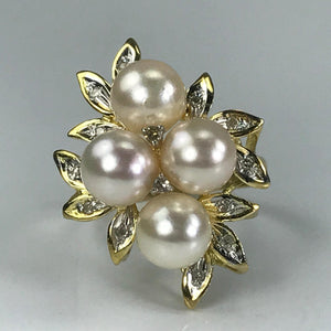 Pearl Diamond Cluster Ring. 14k Yellow Gold. June Birthstone. 4th Anniversary Gift. - Scotch Street Vintage
