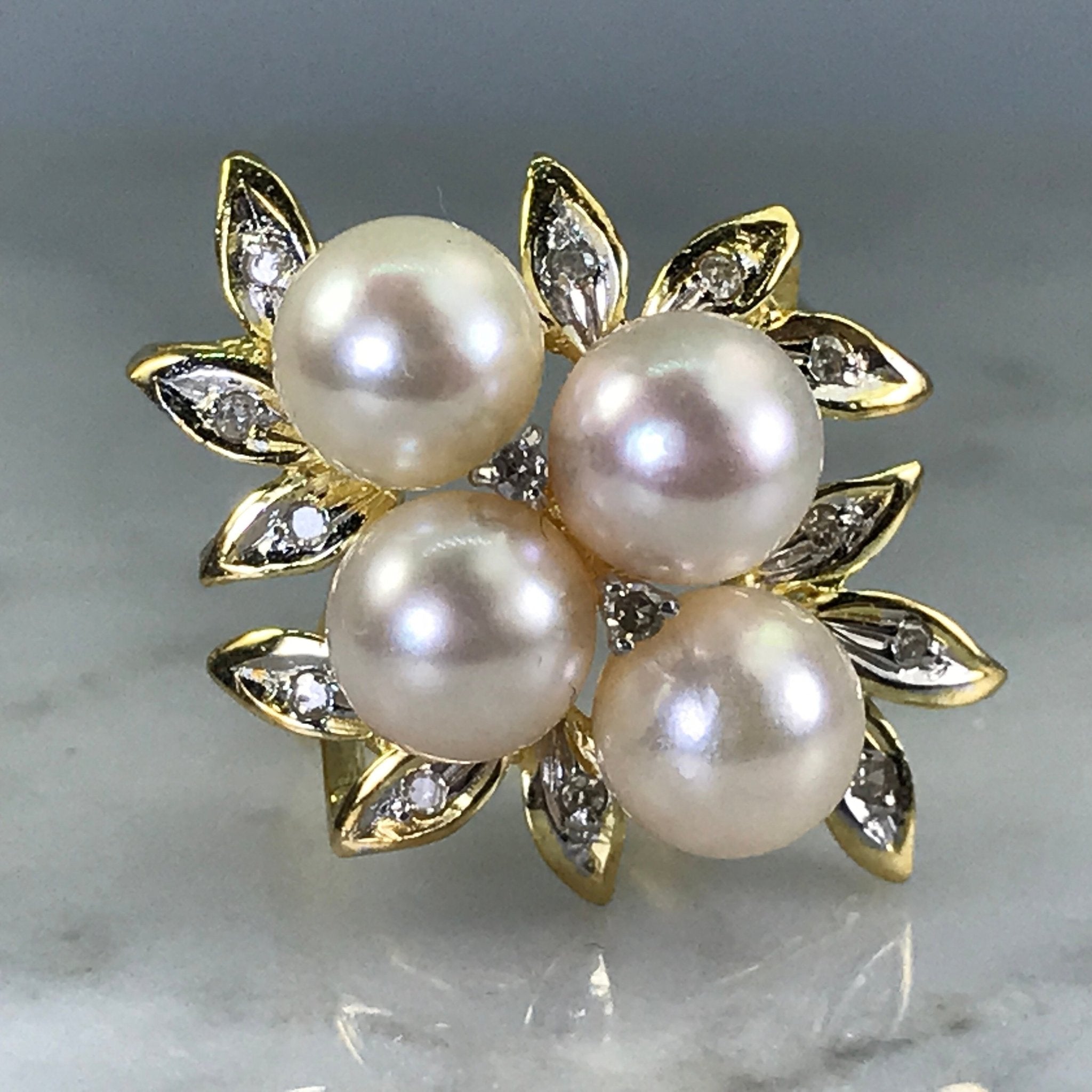 Vintage Estate 14k White Gold 9mm Pearl Diamond Cluster Brooch Pin Pen