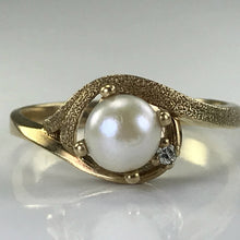 Load image into Gallery viewer, Pearl Diamond Engagement Ring. 10k Brushed Gold. June Birthstone. 4th Anniversary Gift. - Scotch Street Vintage