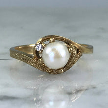 Load image into Gallery viewer, Pearl Diamond Engagement Ring. 10k Brushed Gold. June Birthstone. 4th Anniversary Gift. - Scotch Street Vintage