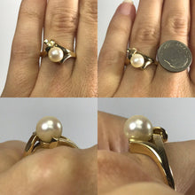 Load image into Gallery viewer, Pearl Engagement Ring. 14k Yellow Gold. Bamboo Style. June Birthstone. 4th Anniversary Gift. - Scotch Street Vintage