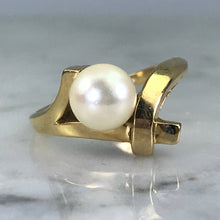 Load image into Gallery viewer, Pearl Engagement Ring. 14k Yellow Gold. Bamboo Style. June Birthstone. 4th Anniversary Gift. - Scotch Street Vintage