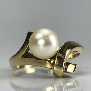 Pearl Engagement Ring. 14k Yellow Gold. Bamboo Style. June Birthstone. 4th Anniversary Gift. - Scotch Street Vintage