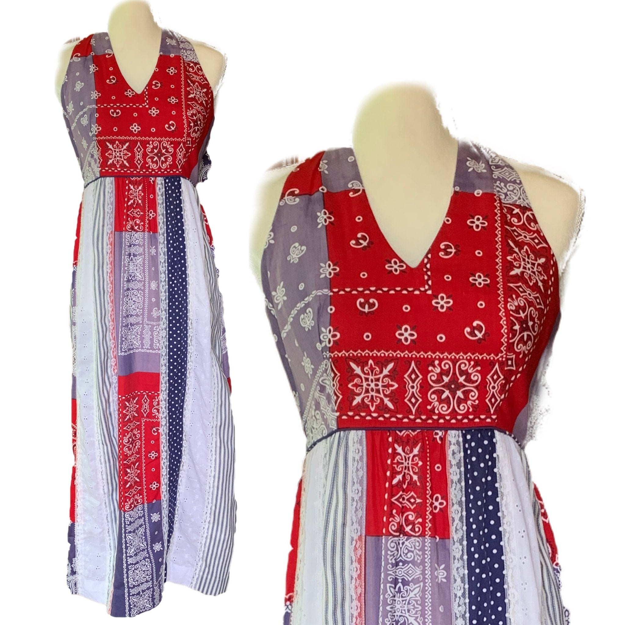 Red White and Blue Patchwork Halter Dress by Saks Fifth Avenue Young D Red White and Blue Patchwork Halter Dress by Saks Fifth Avenue Young D