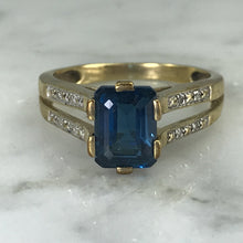 Load image into Gallery viewer, RESERVED LISTING Vintage London Blue Topaz and Diamond Engagement Ring. 9K Yellow Gold Setting. 4th Anniversary. - Scotch Street Vintage