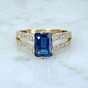 RESERVED LISTING Vintage London Blue Topaz and Diamond Engagement Ring. 9K Yellow Gold Setting. 4th Anniversary. - Scotch Street Vintage